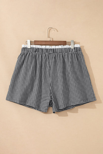Sky Blue Contrast Trim Plaid Print Plus Size Shorts