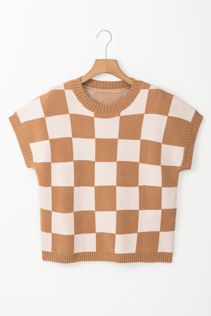 Light French Beige Colorblock Plaid Pattern Ribbed Trim Sweater Tank Top