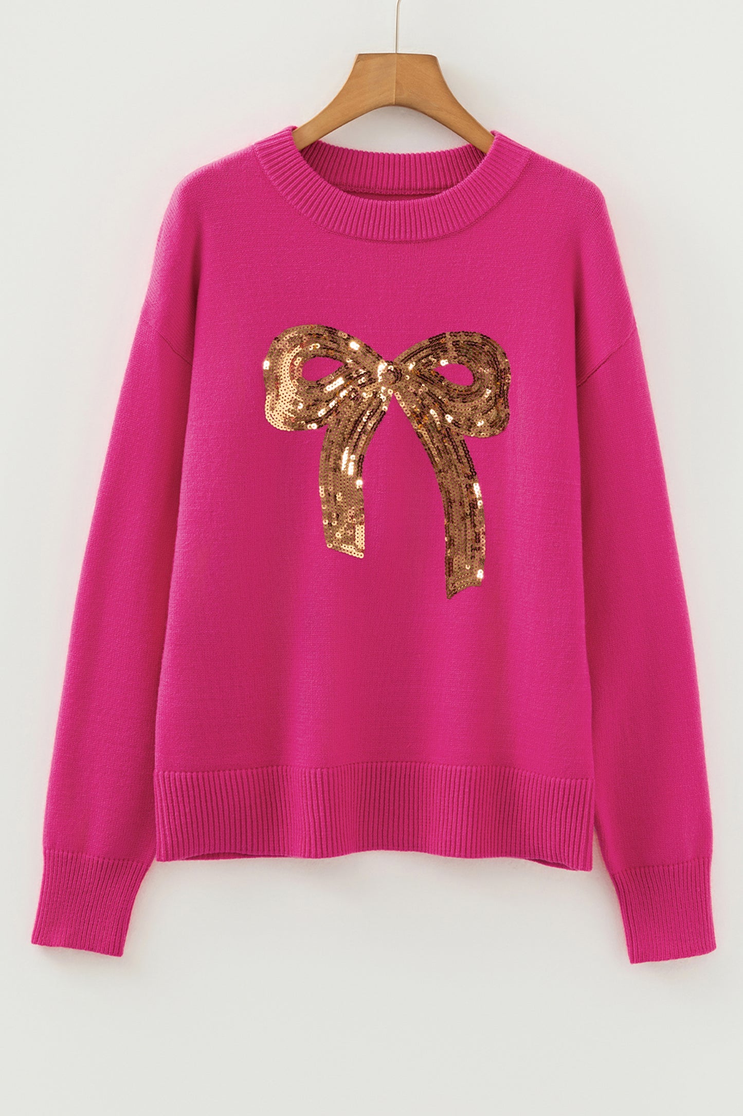 Rose Red Sequined Bow Graphic Christmas Holiday Sweater
