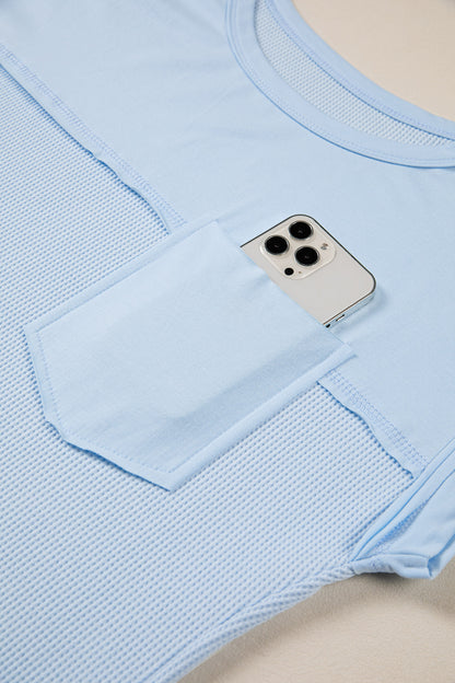 Pink Solid Color Raw Seam Waffled Patchwork Casual T Shirt