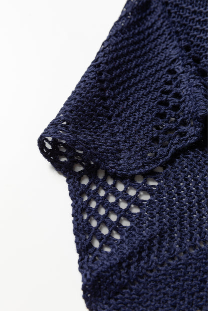 Navy Blue Hollow Out Knit 7/8 Sleeve Casual Sweater
