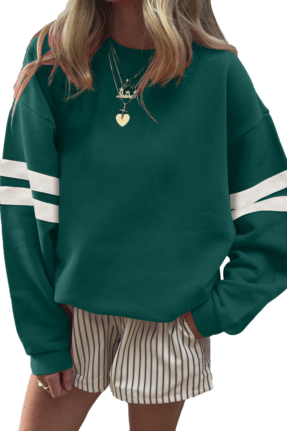 Navy Blue Varsity Striped Detail Drop Shoulder Oversized Sweatshirt