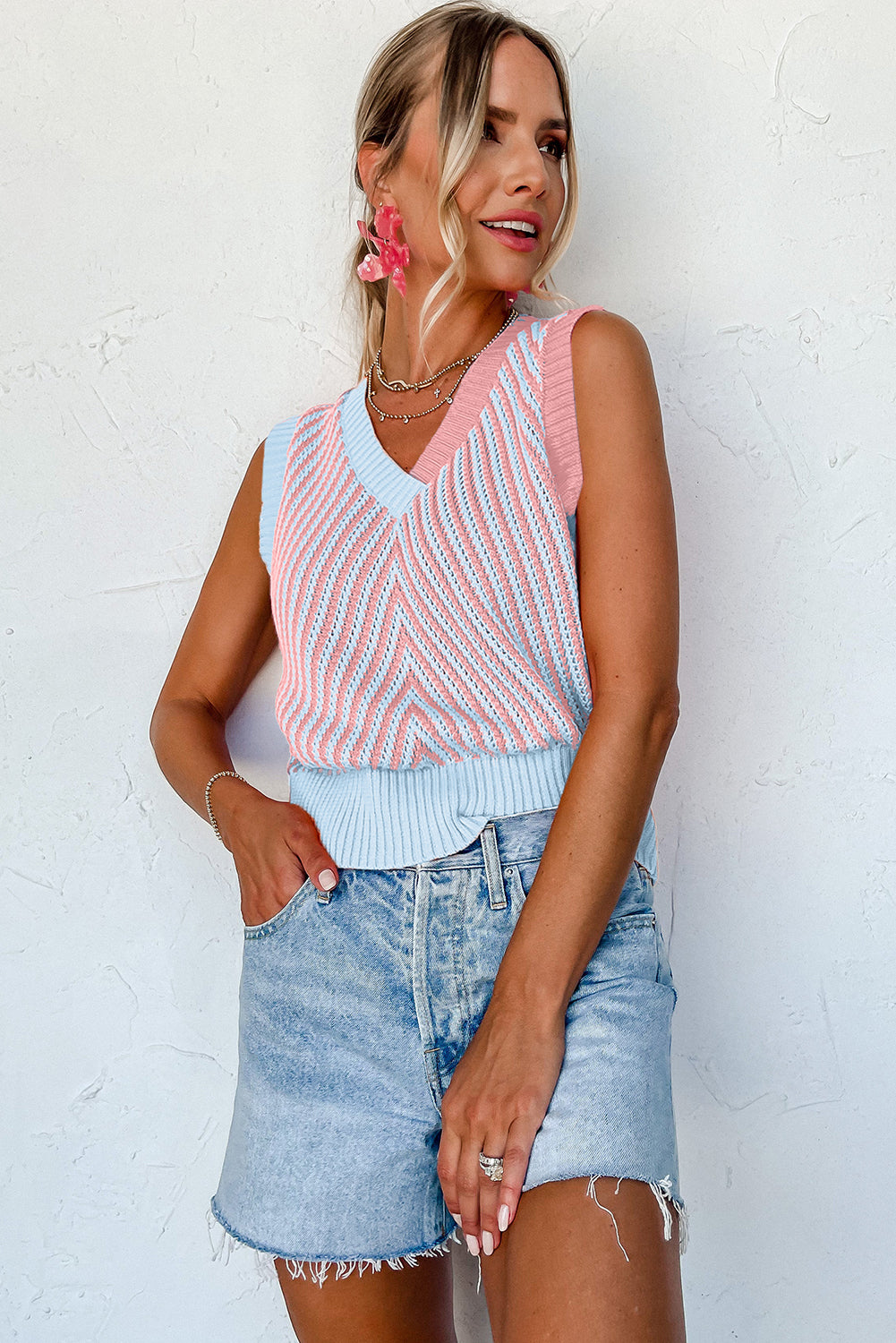 Black Contrast Chevron Knit V Neck Sweater Vest