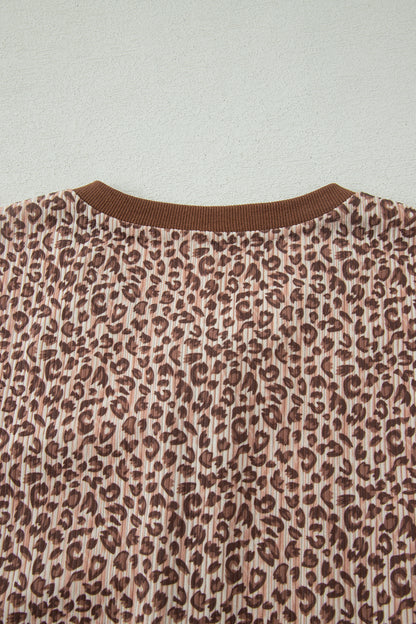 Brown Leopard Print Ribbed Patchwork Half Button Loose Tee Elastic Waist Short 2pcs Set