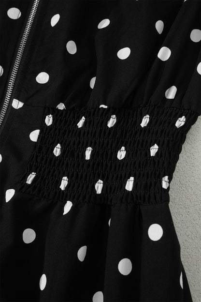 Black Polka Dot Print Contrast Trim V Neck Zip Up Sleeveless Dress