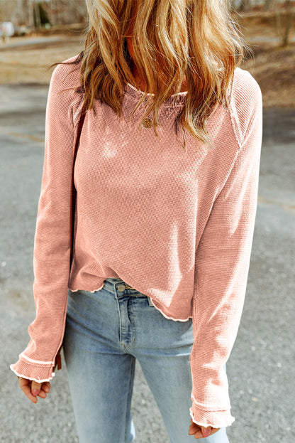 Gray Textured Round Neck Long Sleeve Top