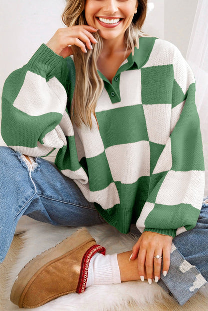 Grapefruit Orange Checkered Pattern Polo Collar Loose Sweater