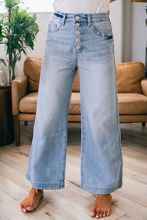Beau Blue Multi Buttons Pinstripe Wide Leg Jeans