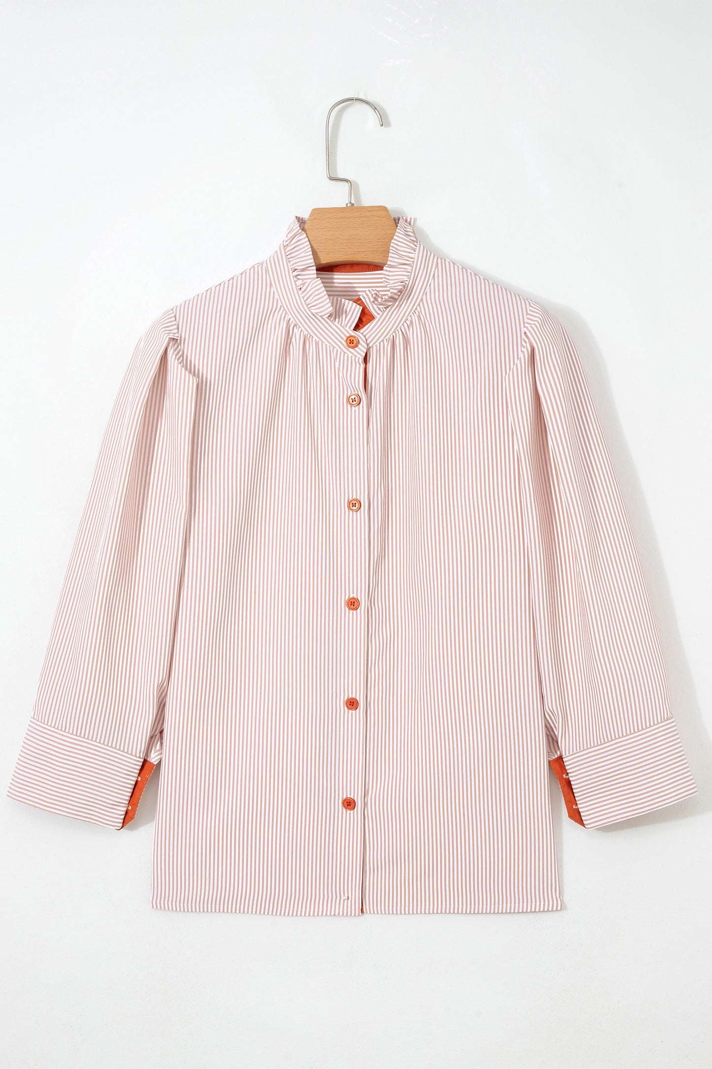 Khaki Stripe Color Block Patchwork Detail Frilled Collar Button Down Shirt