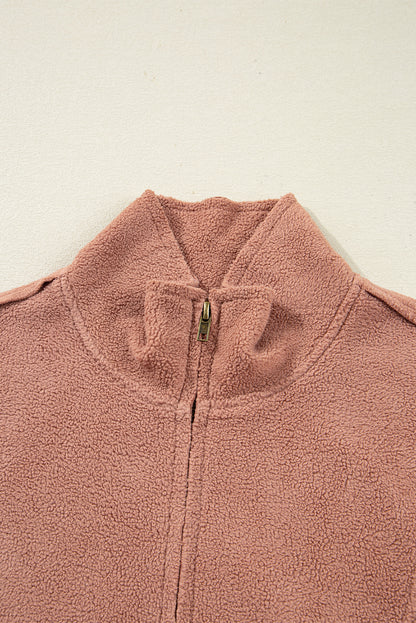Camel Exposed Seam Side Pockets Half Zipper Baggy Sweatshirt