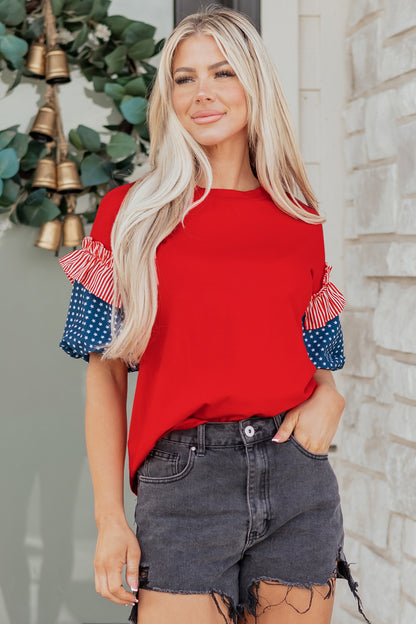 Beau Blue Stars Stripes Short Puff Sleeve Top