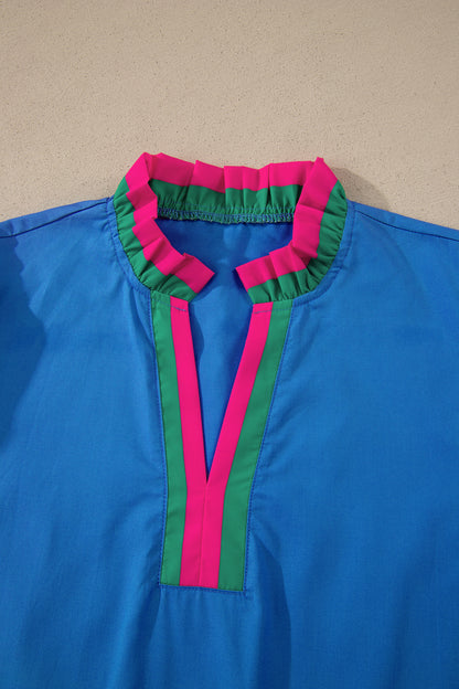 Green Striped Frilled Collar Ruffled Short Sleeve Blouse