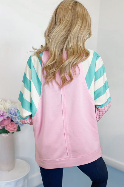 Bonbon Striped Colorblock Patchwork Raglan Pullover Top with Slits