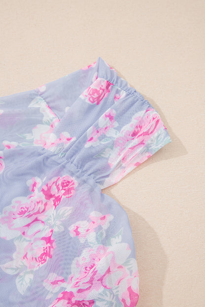 Sky Blue Square Neck Cap Sleeve Ruched Floral Mesh Top