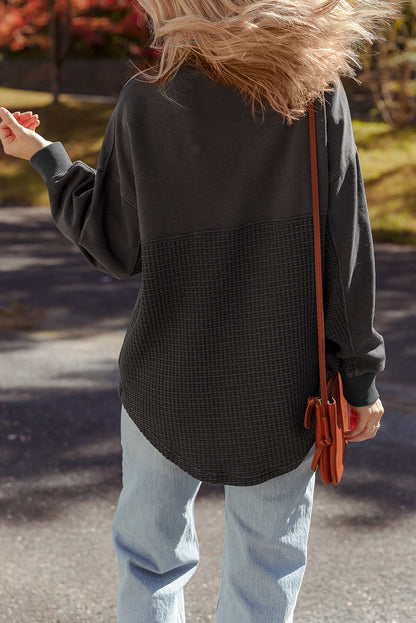 Carbon Grey Waffle Knit Patchwork Half Zipped Casual Sweatshirt