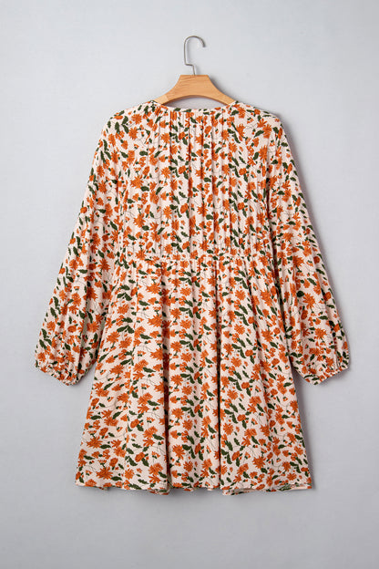 Beige Plus Size Floral Print V Neck Long Sleeve Babydoll Short Dress