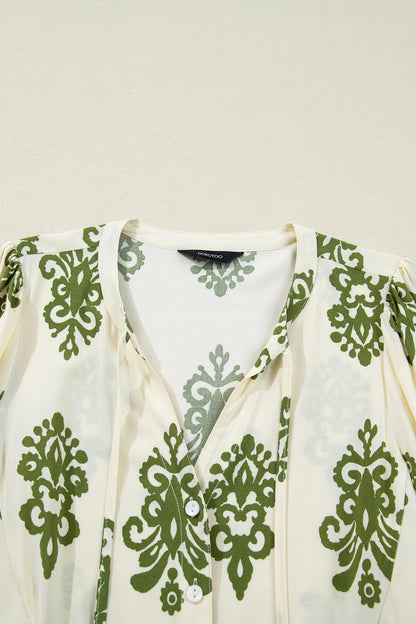 Apricot Floral Print Tie V Neck Button Down Puffy Half Sleeve Shirt