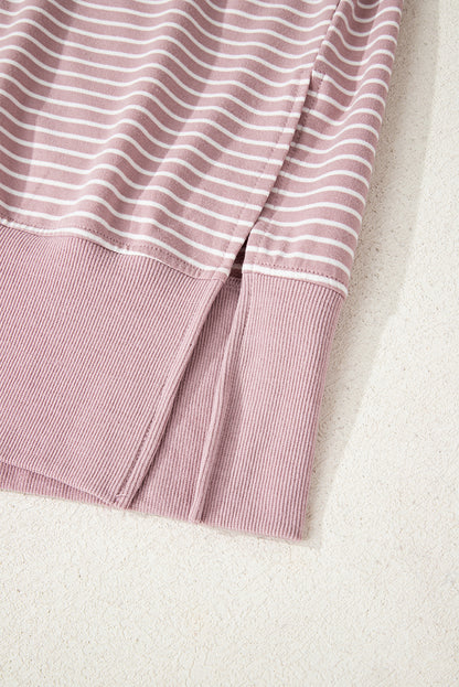 Purple Stripe Thumbhole Side Slits Drop Shoulder Loose Fit Hoodie