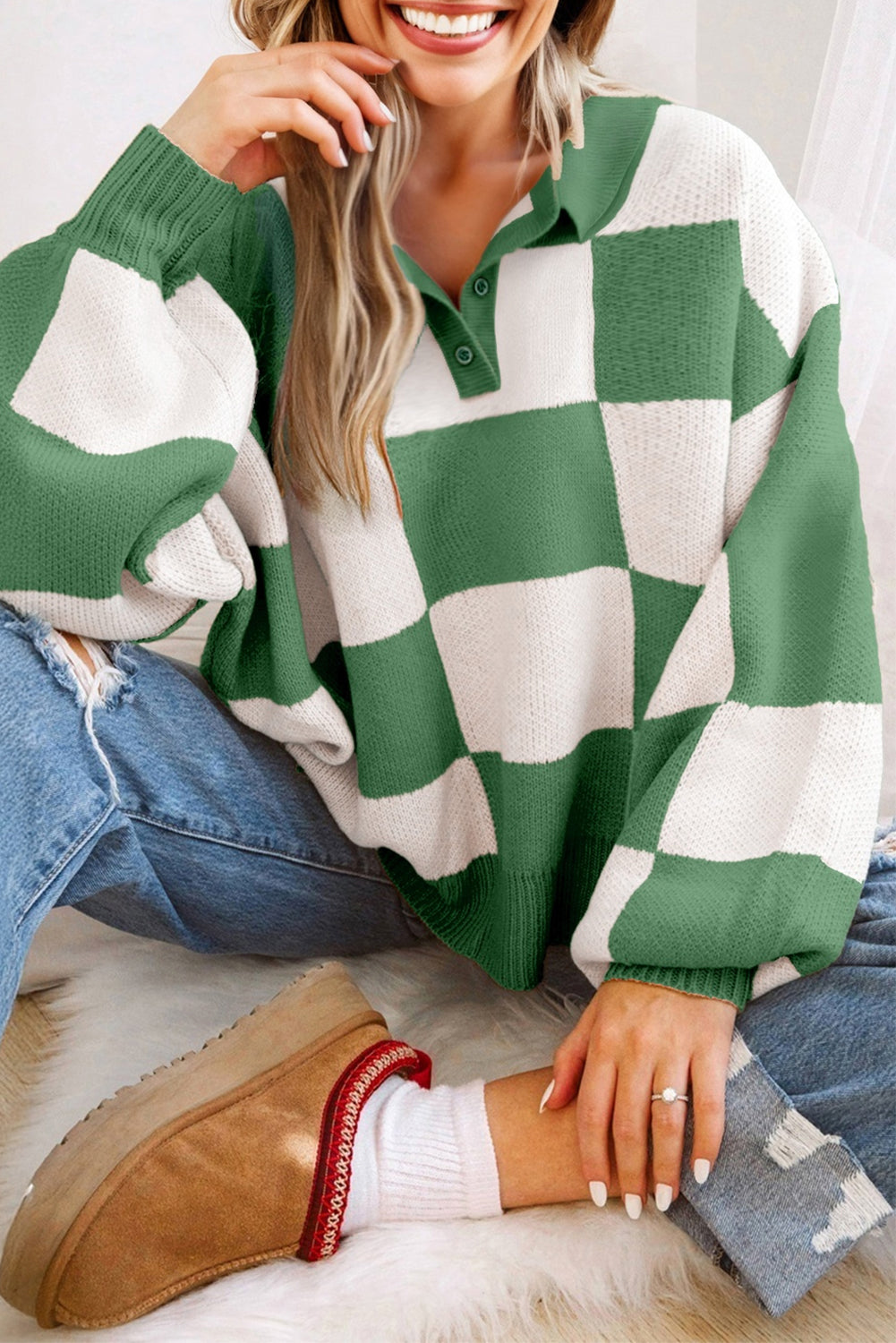 Grapefruit Orange Checkered Pattern Polo Collar Loose Sweater