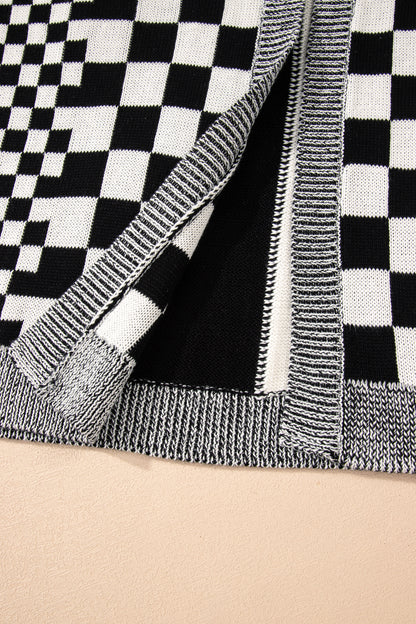 Black Plus Size Checkered Bubble Sleeve Drop Shoulder Open Cardigan