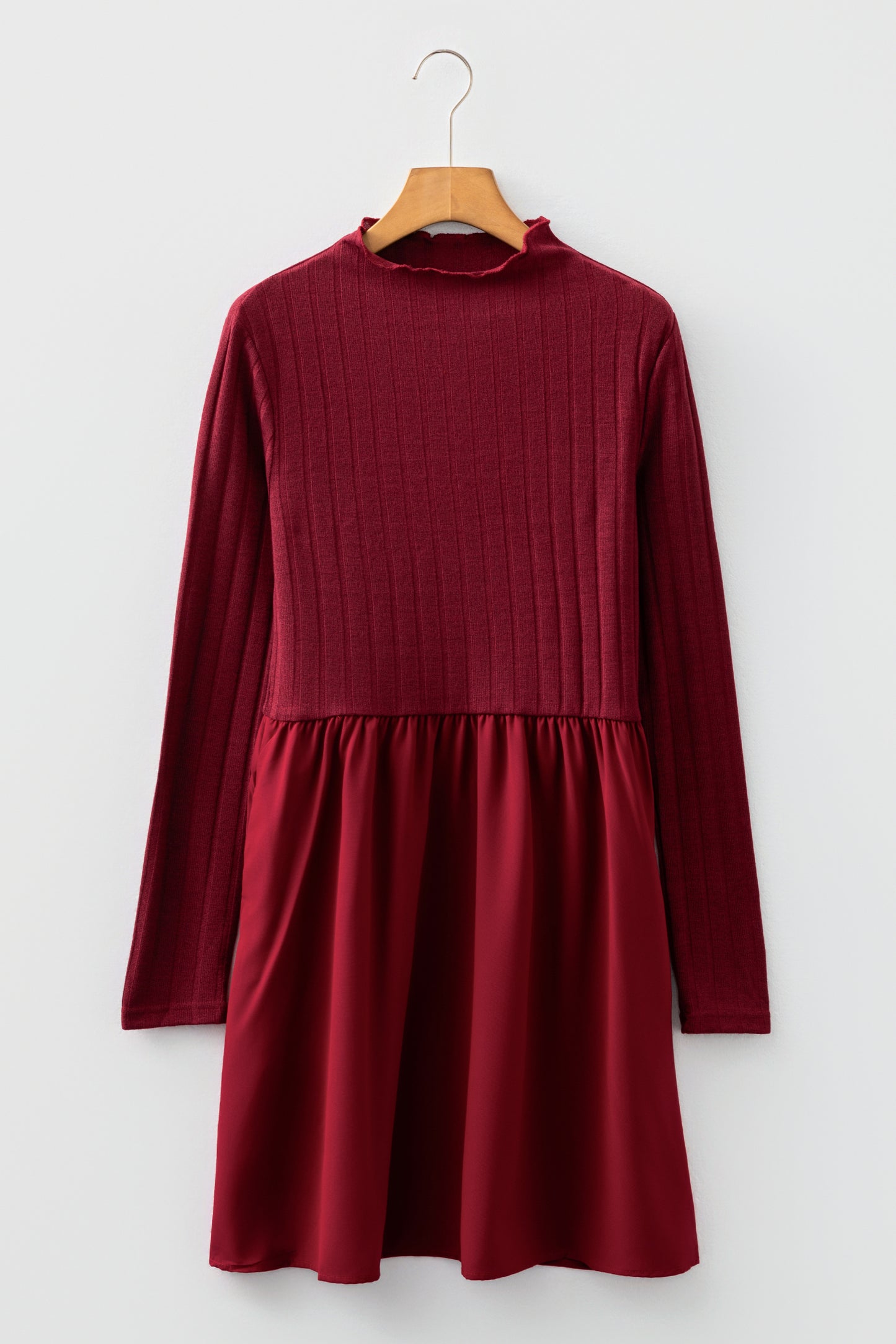 Red Dahlia Frilled Neck Ribbed Knit Patchwork Long Sleeve Mini Dress