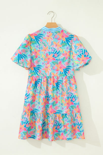 Multicolour Floral Print Contrast Scallop Striped Trim V Neck Dress