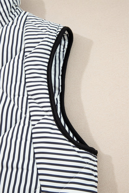 Black Stripe Contrast Trim Snap Button Collared Winter Vest