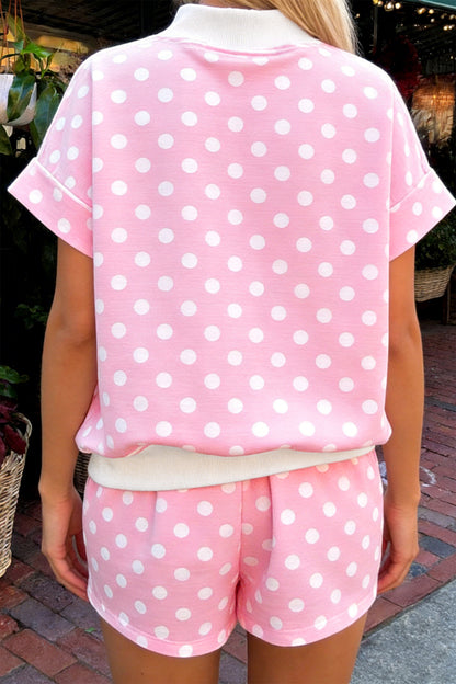 Sky Blue Polka Dot Print Color Block Trim Mock Neck Short Set