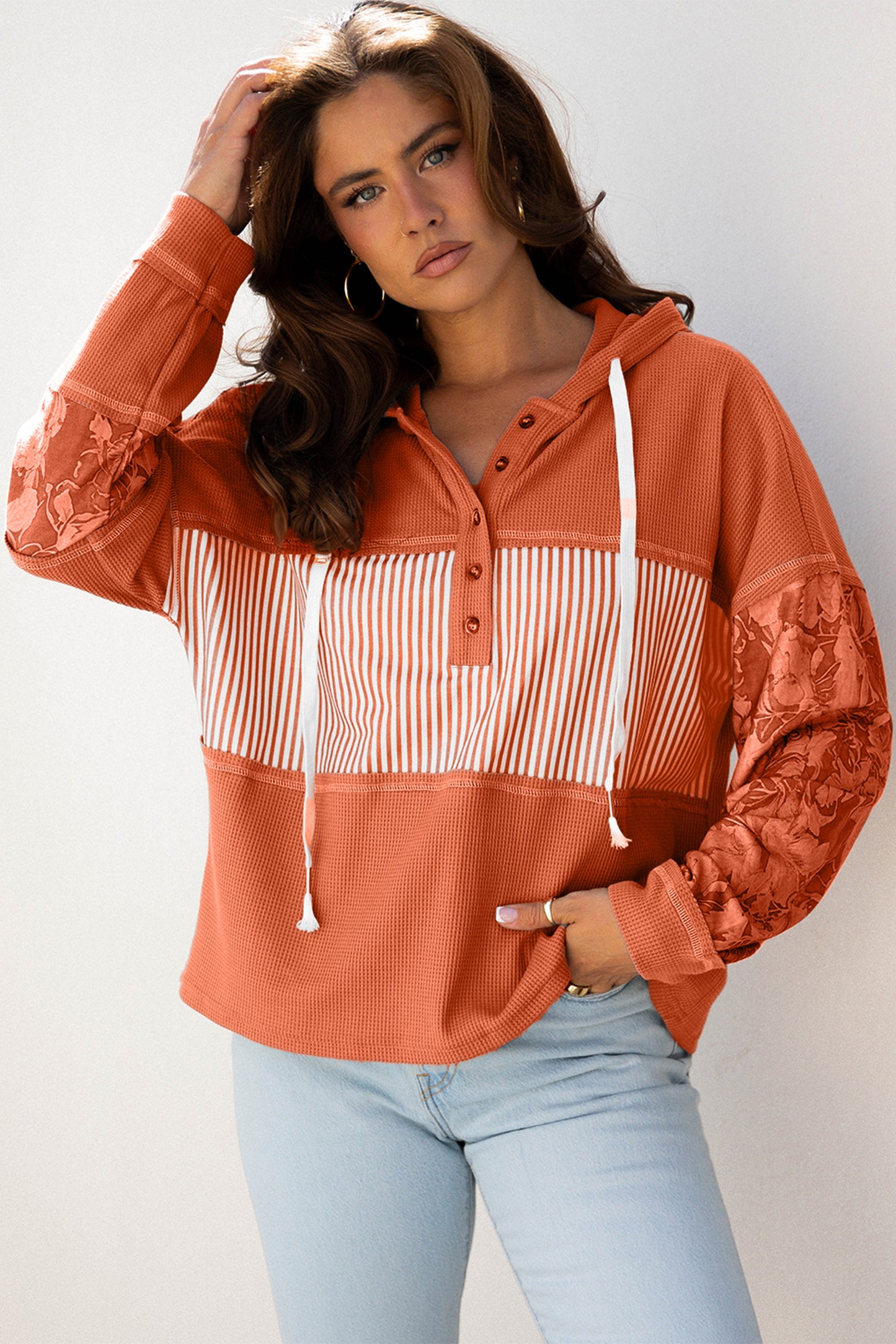 White Waffle Printed Patchwork Drawstring Hooded Long Sleeve Top