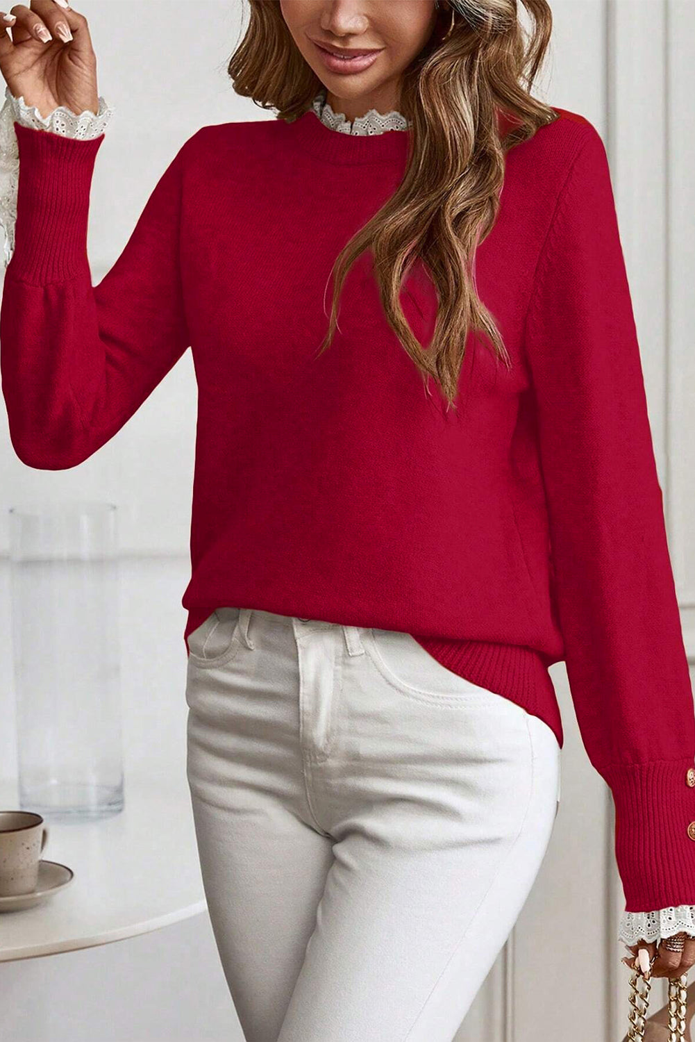 Sleet Lace Trim Patchwork Buttoned Cuffs Loose Sweater