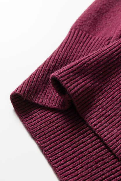 Burgundy Contrast Trim V Neck Cuffed Short Sleeve Loose Sweater