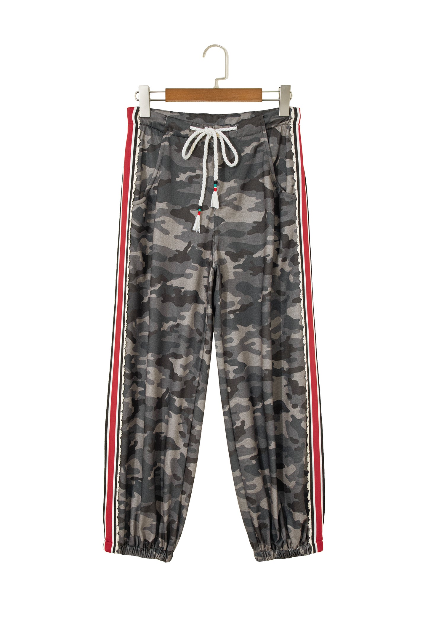 Khaki Camouflage Print Striped Side Panel Patchwork Drawstring Pants