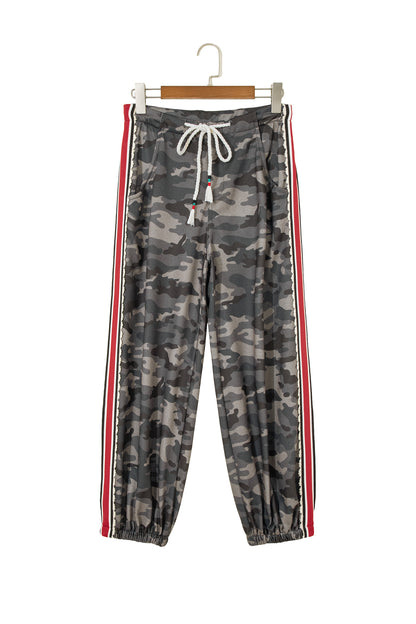 Khaki Camouflage Print Striped Side Panel Patchwork Drawstring Pants