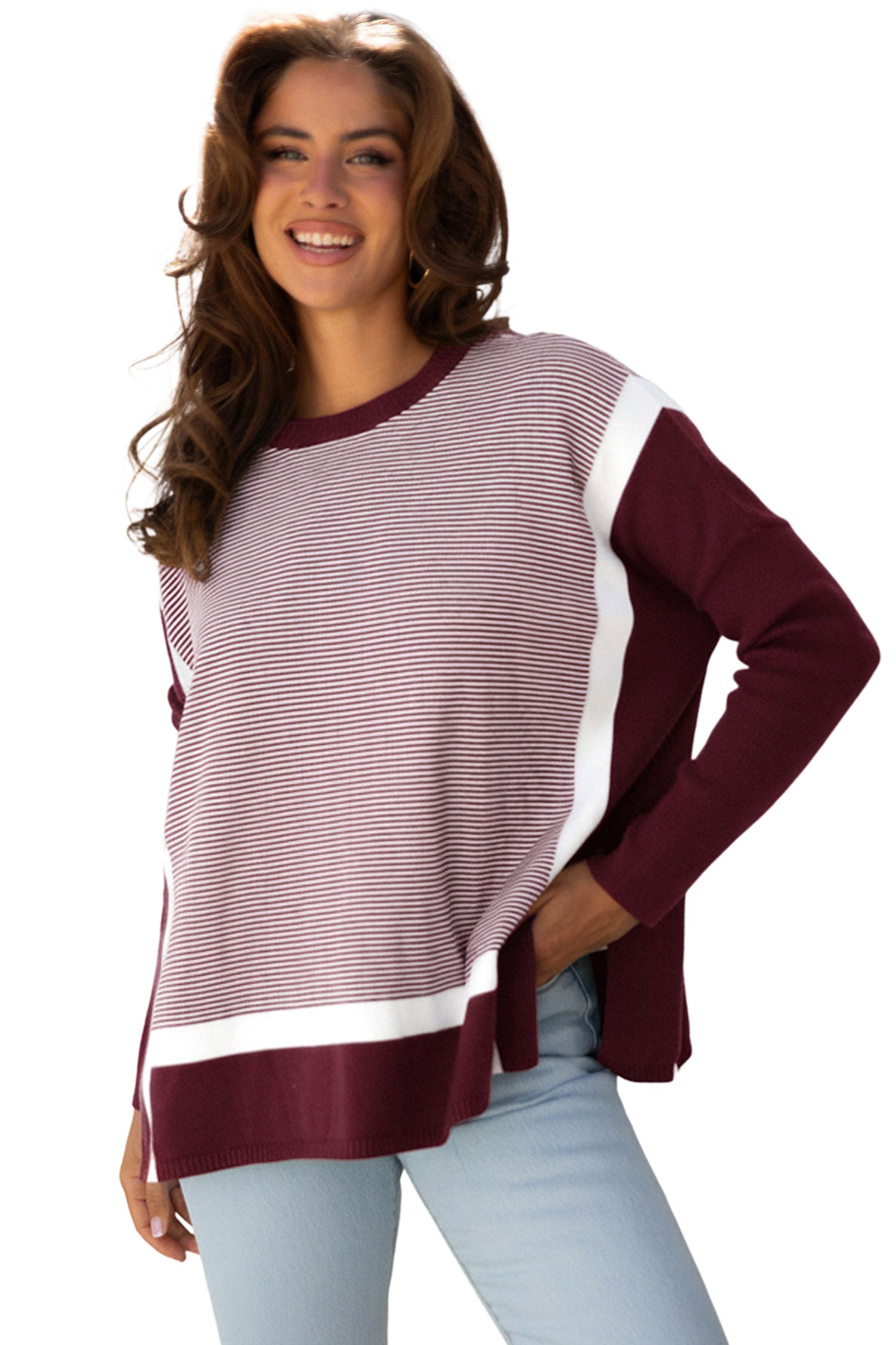 Green Stripe Color Block Patchwork Dolman Oversize Tunic Sweater