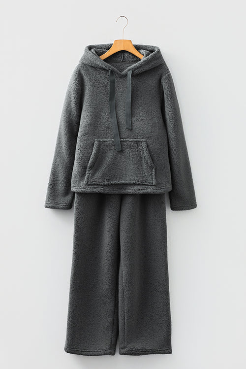 Medium Grey Fuzzy Drawstring Hoodie Lounge Pants 2pcs Set