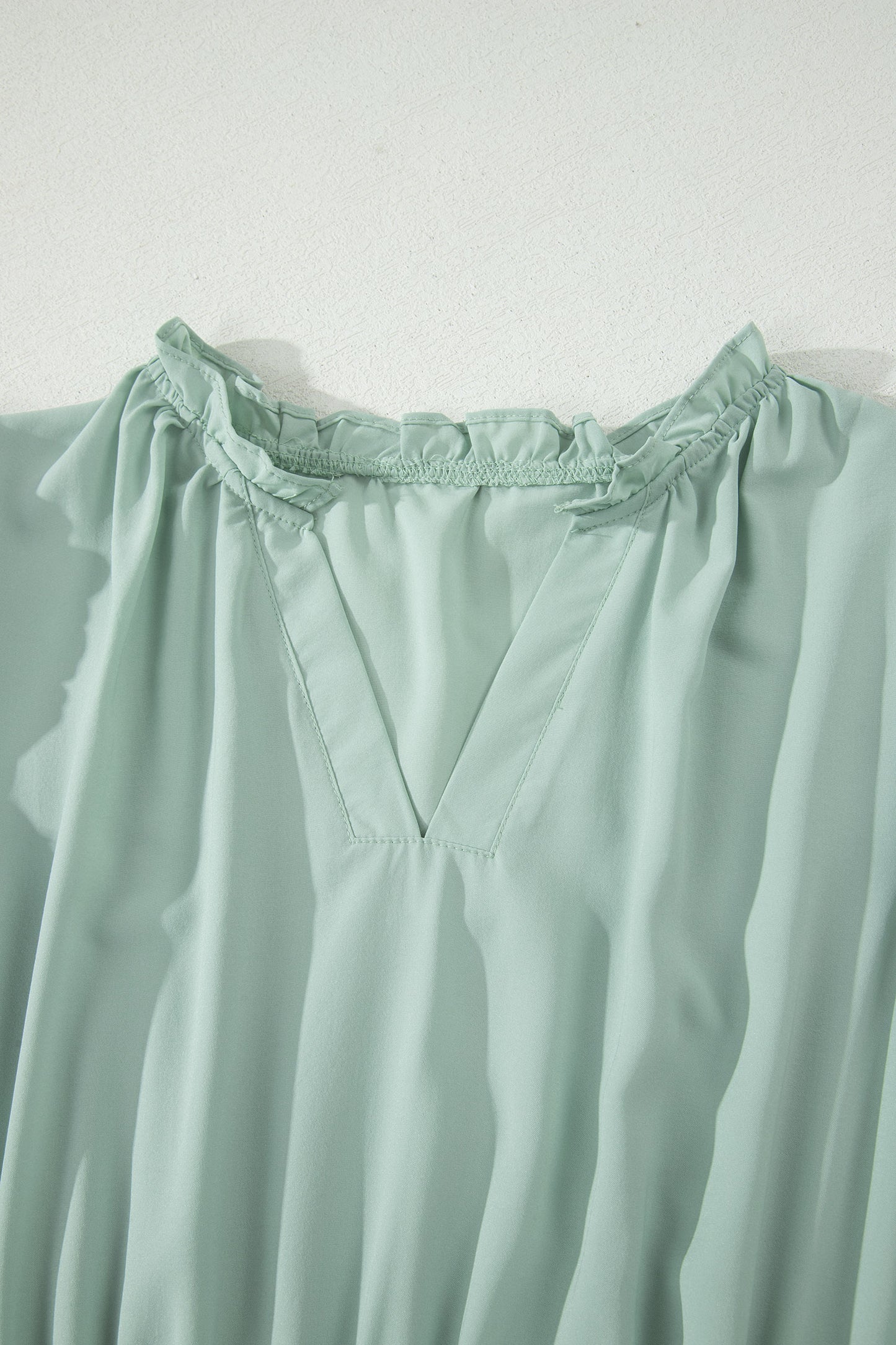 Clearly Aqua Solid Color V Neck Short Puff Sleeve High Waist Tiered Maxi Dress