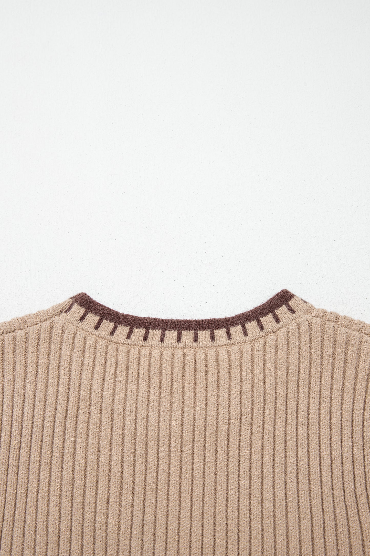 Light French Beige Ribbed Knit Contrast Trim Round Neck Horseshoe Sweater Vest