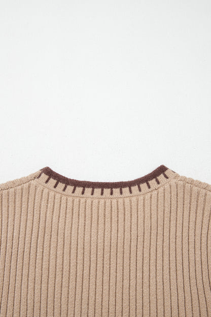 Light French Beige Ribbed Knit Contrast Trim Round Neck Horseshoe Sweater Vest