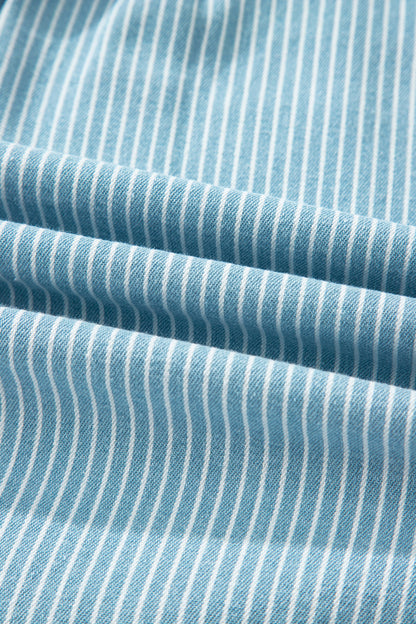 Sky Blue Stripe Cuffed Short Sleeve Button up Loose Shirt