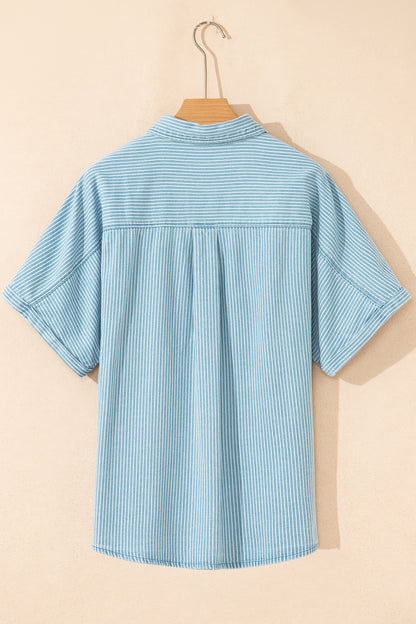 Sky Blue Stripe Cuffed Short Sleeve Button up Loose Shirt