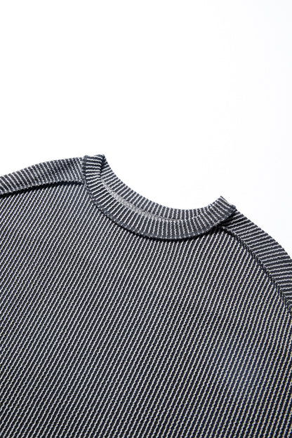 Parchment Twist Ribbed Exposed Seam Detail Long Sleeve Loose Top
