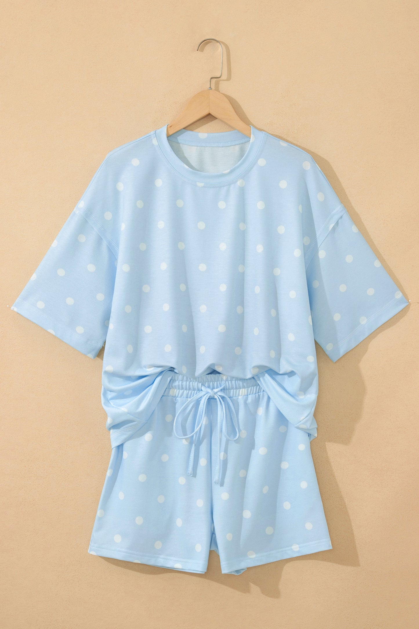 Black Exposed Seam Detail Polka Dot Loose Tee Drawstring Shorts Set
