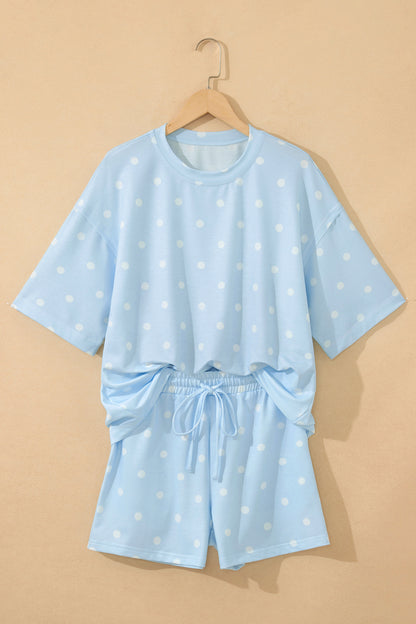 Black Exposed Seam Detail Polka Dot Loose Tee Drawstring Shorts Set
