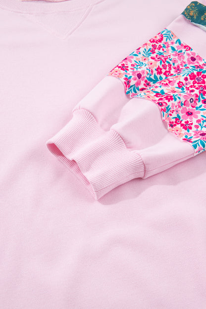 Pink Plus Size Mix Floral Patched Sleeve Ribbed Trim Baggy Sweatshirt