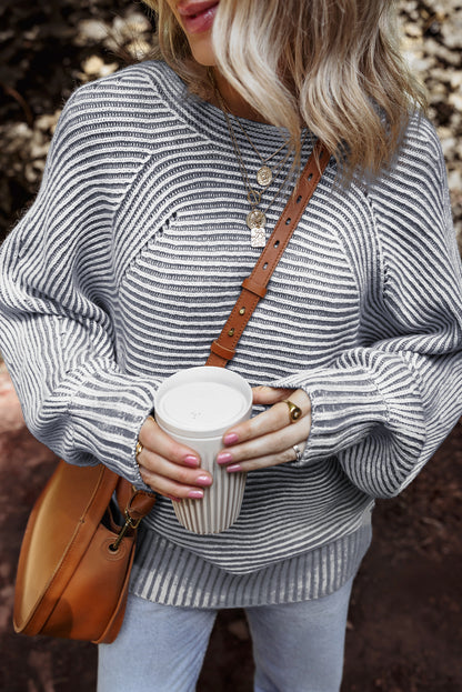 Red Dahlia Striped Print Ribbed Knit Boat Neck Baggy Sweater