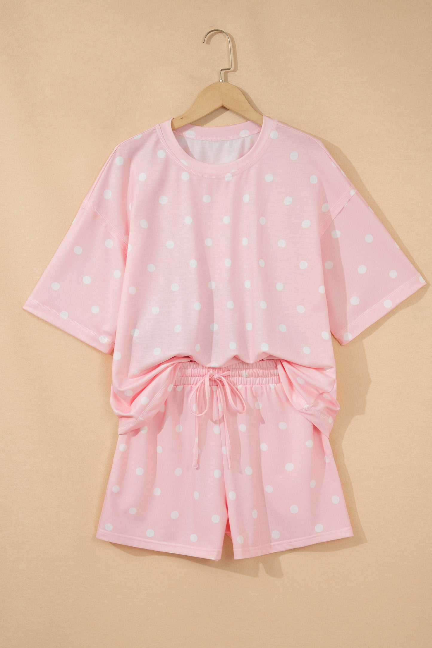 Black Exposed Seam Detail Polka Dot Loose Tee Drawstring Shorts Set