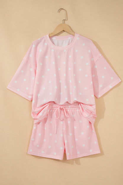 Black Exposed Seam Detail Polka Dot Loose Tee Drawstring Shorts Set
