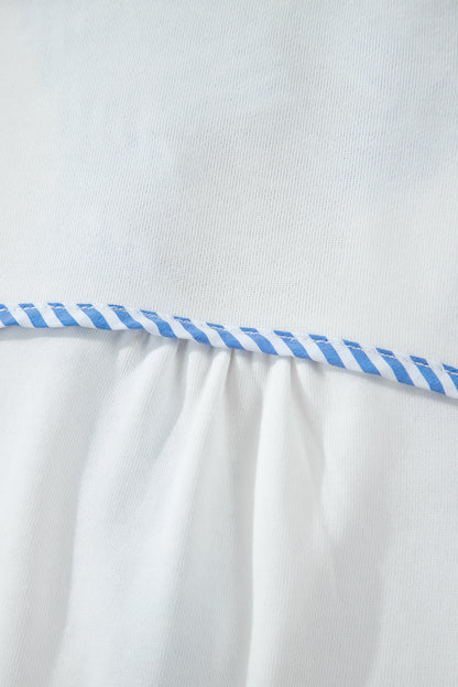 Sky Blue Striped Frilled Collar Short Sleeve Blouse