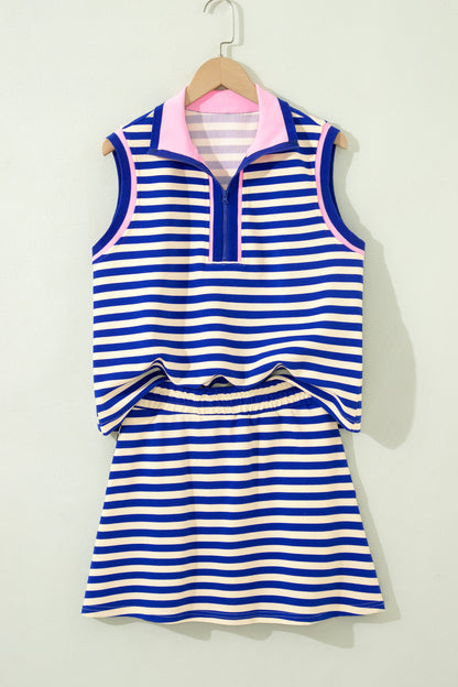 Sachet Pink Textured Stripe Print Contrast Trim Zip Collar Sleeveless 2pcs Skort Set
