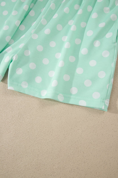 Sky Blue Polka Dot Print Color Block Trim Mock Neck Short Set